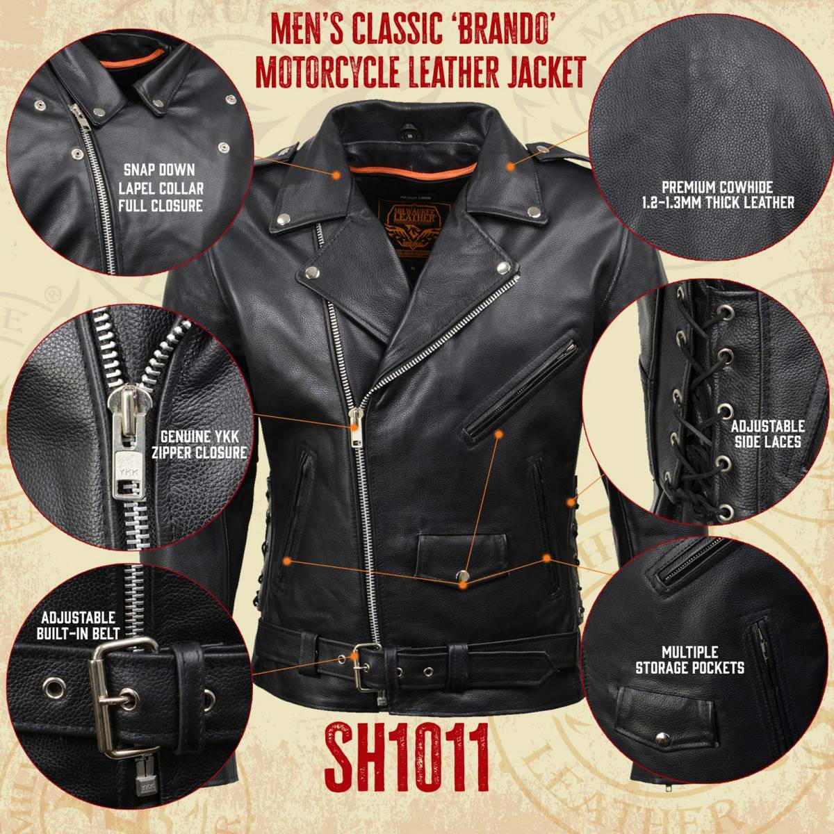 Milwaukee Leather SH1011 Men's Classic Brando Premium Leather Black Motorcycle Riders Leather Jacket w/ Side Laces - Image 13