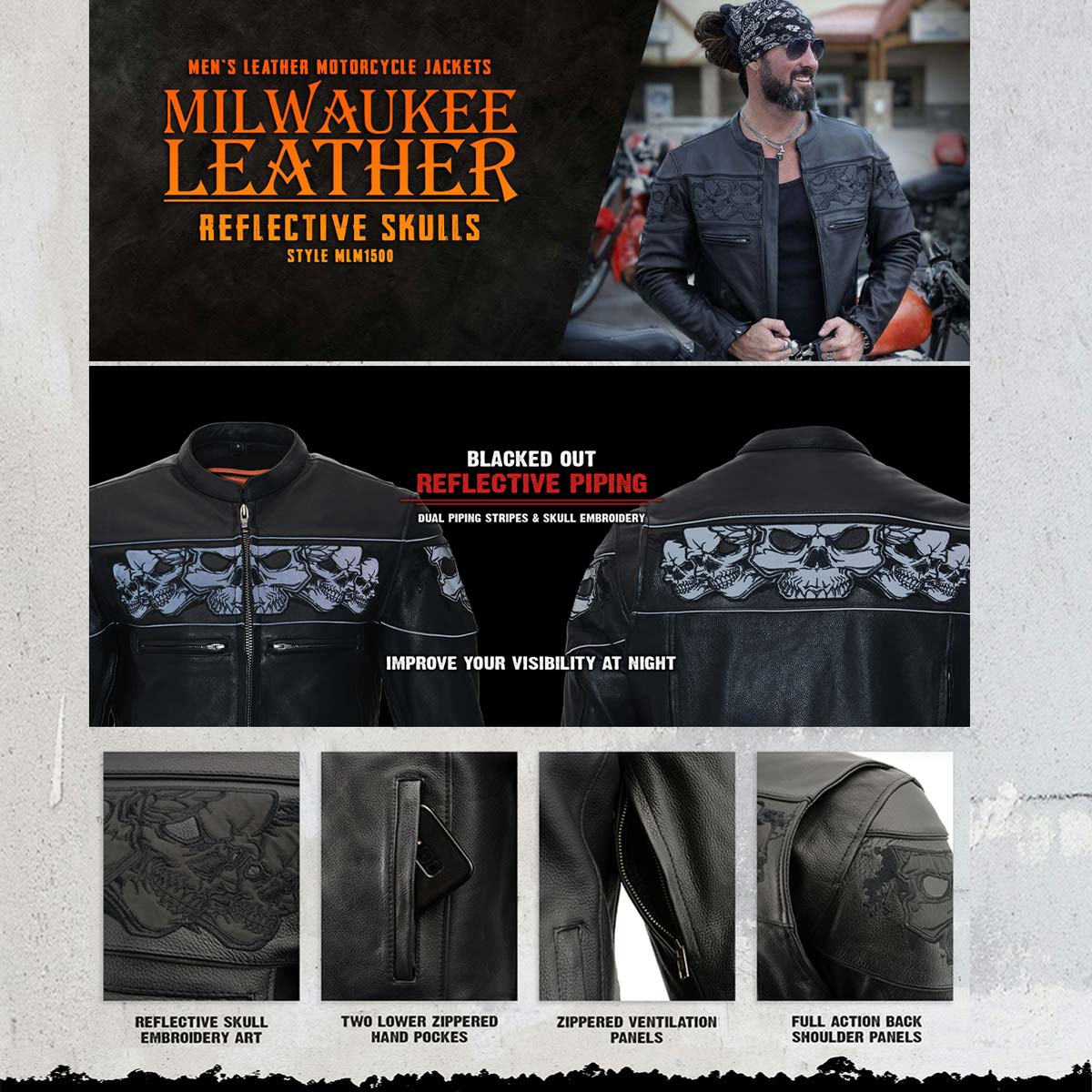 Milwaukee Leather MLM1500 Men's Crossover Black Leather Scooter Jacket with Reflective Skulls - Image 4