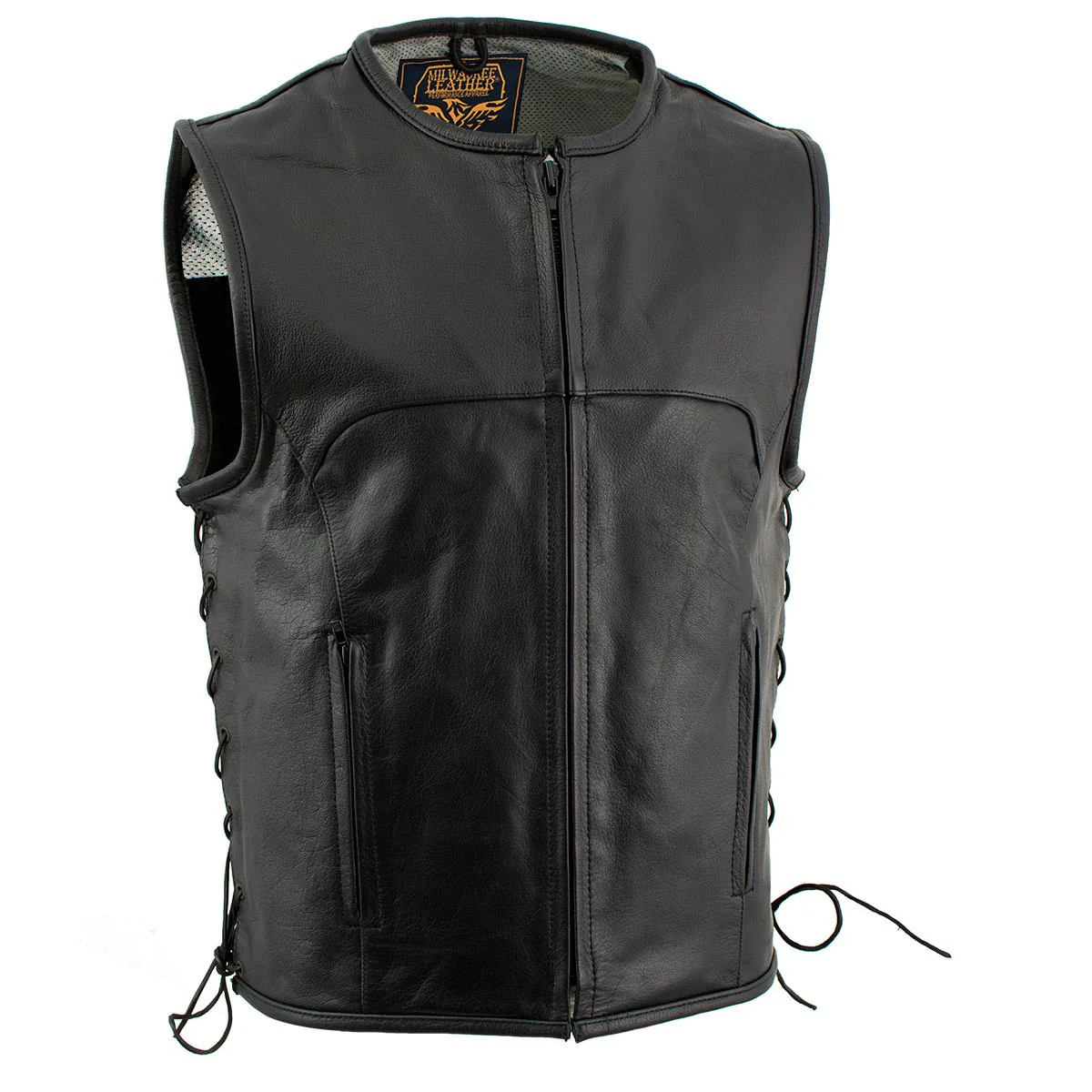 Milwaukee Leather Men's Drifter Black Collarless Buffalo Leather Motorcycle Vest - LKM3792