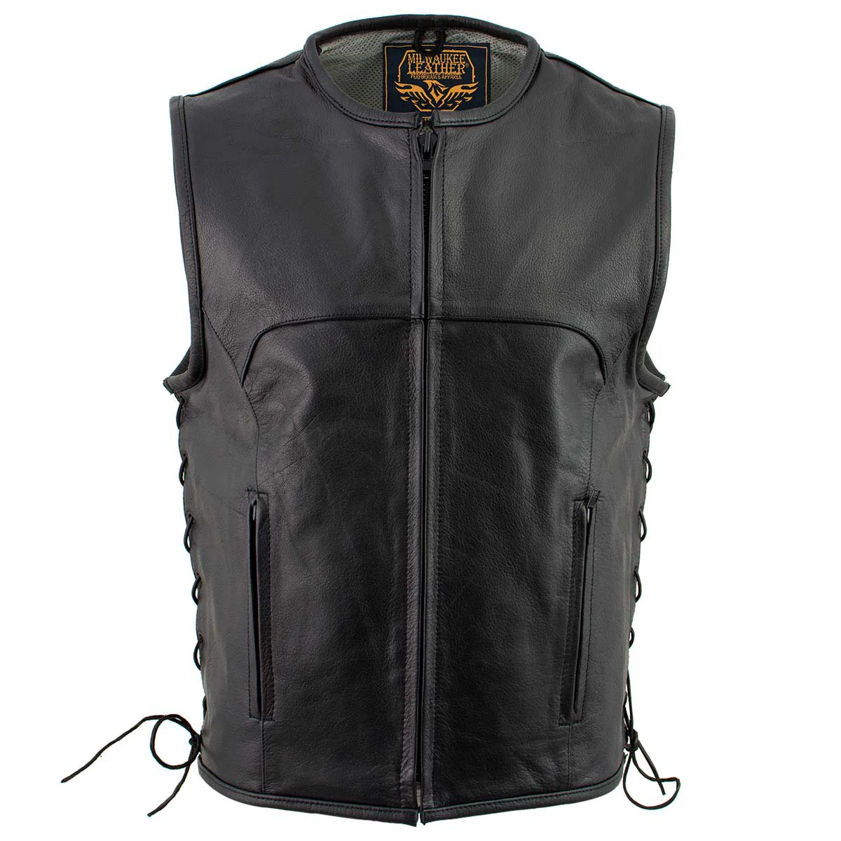 Milwaukee Leather Men's Drifter Black Collarless Buffalo Leather Motorcycle Vest - LKM3792 - Image 10