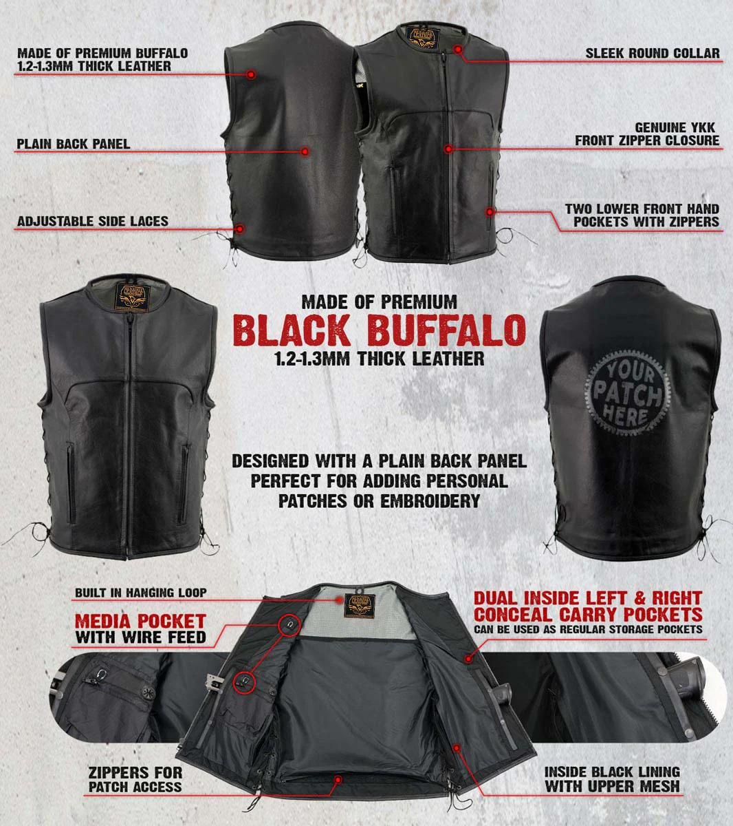 Milwaukee Leather Men's Drifter Black Collarless Buffalo Leather Motorcycle Vest - LKM3792 - Image 2