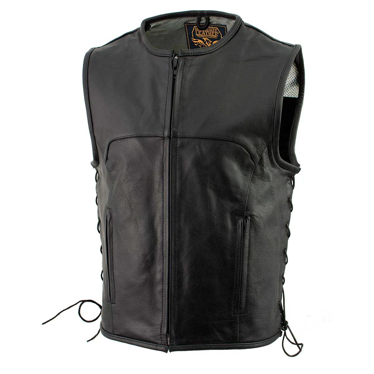 Milwaukee Leather Men's Drifter Black Collarless Buffalo Leather Motorcycle Vest - LKM3792 - Image 6