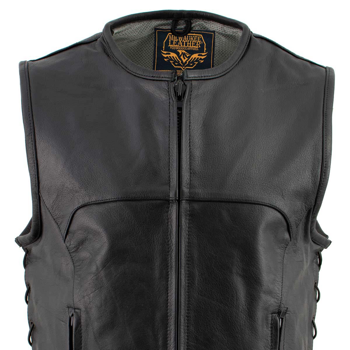 Milwaukee Leather Men's Drifter Black Collarless Buffalo Leather Motorcycle Vest - LKM3792 - Image 8
