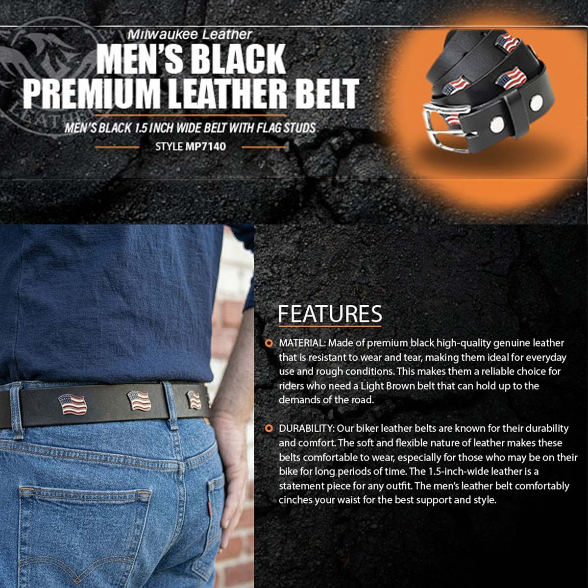 Milwaukee Leather Men's Freedom Line Black Leather Belt with USA Flag Emblems - 1.5 Inch - MPM7140 - Image 4