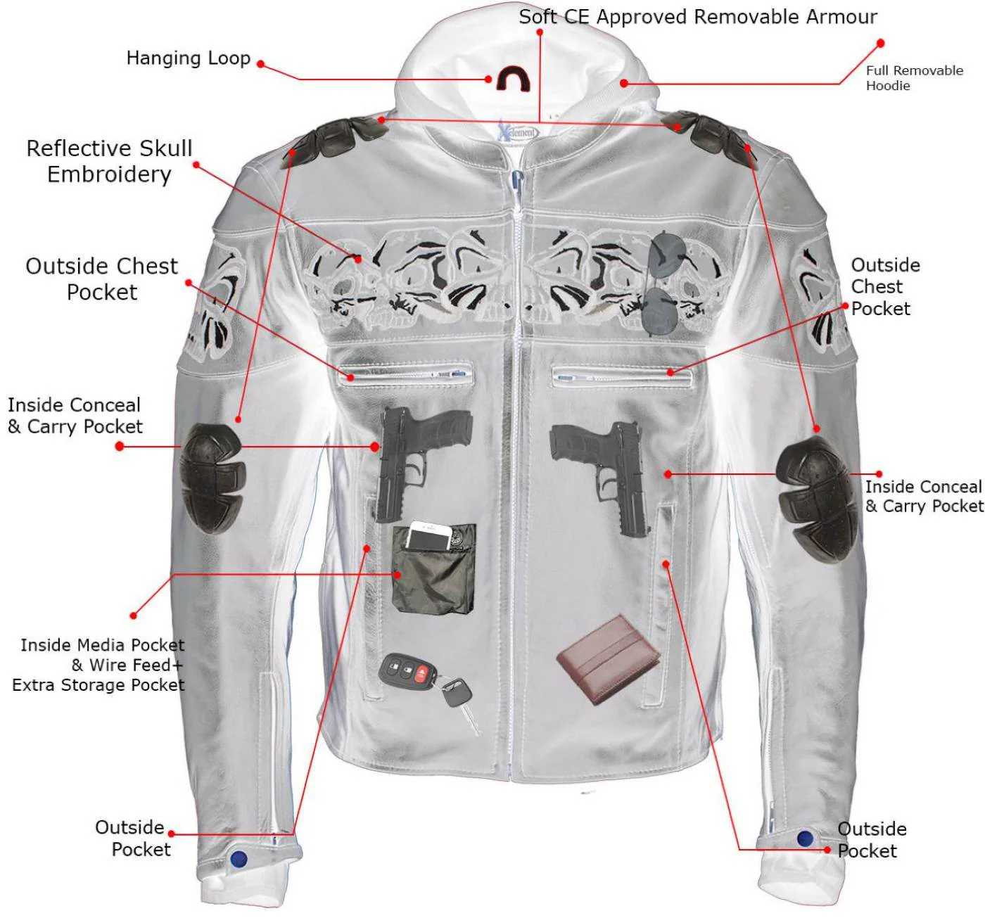 Milwaukee Leather Men's Futile CE Armored Leather Motorcycle Jacket w/ Hoodie Liner, Reflective Skull - LKM17016 - Image 2