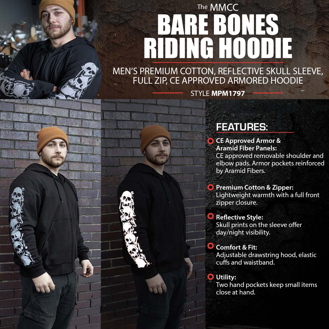 Milwaukee Leather Men's Bare Bones Black Reflective Skull CE Armored Riding Hoodie, Shoulder & Elbow Armor - MPM1797 - Image 2