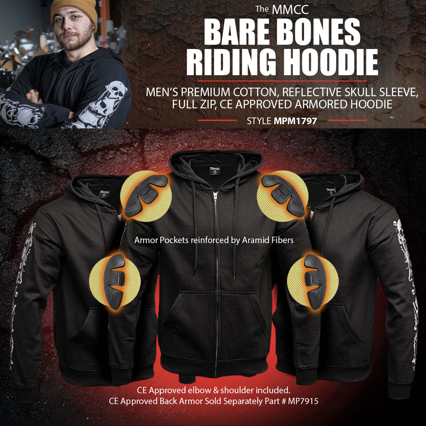 Milwaukee Leather Men's Bare Bones Black Reflective Skull CE Armored Riding Hoodie, Shoulder & Elbow Armor - MPM1797 - Image 4