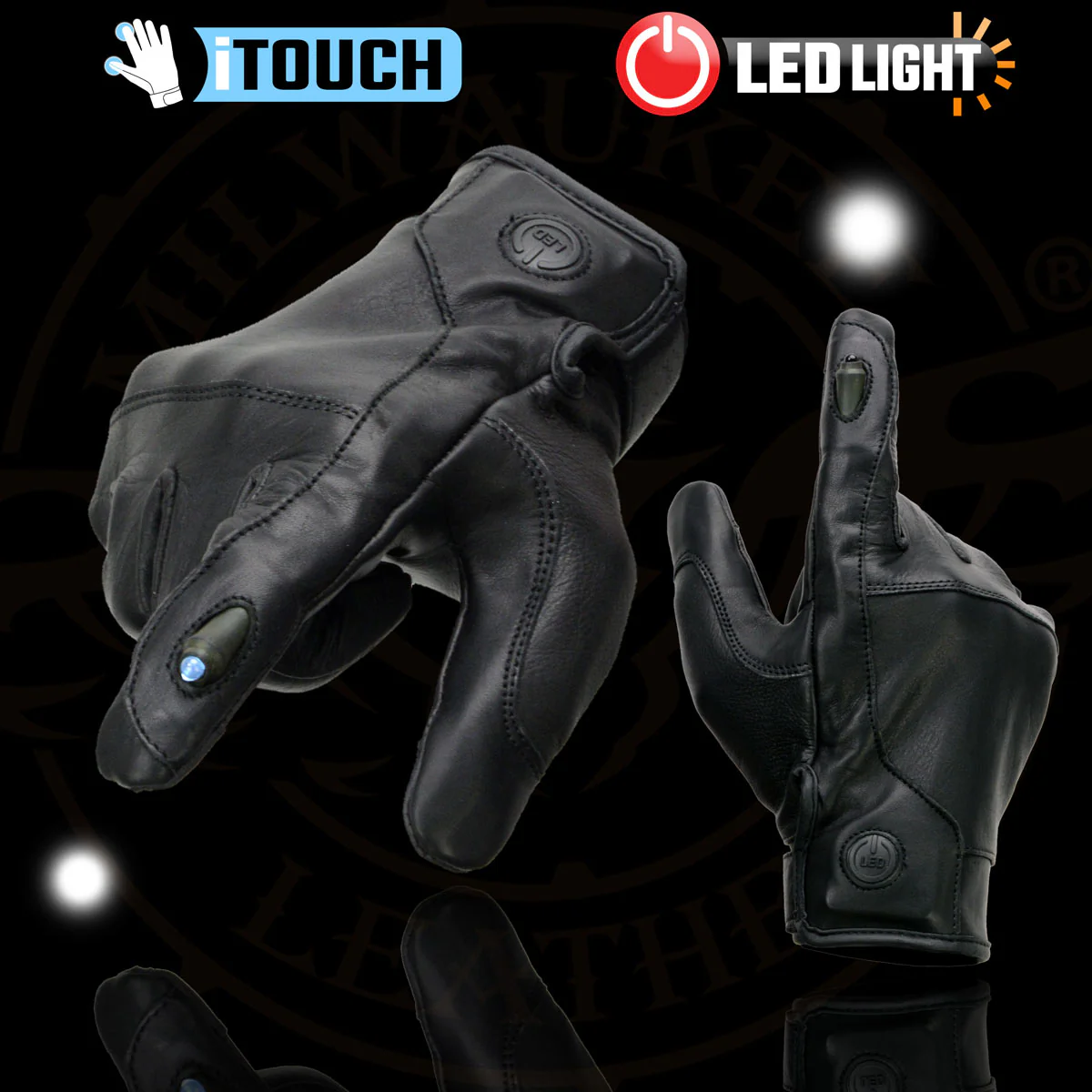 Milwaukee Leather MG7599 Men's Black Leather Motorcycle Gloves w/ i-Touch Screen and Led Finger Light - Image 2