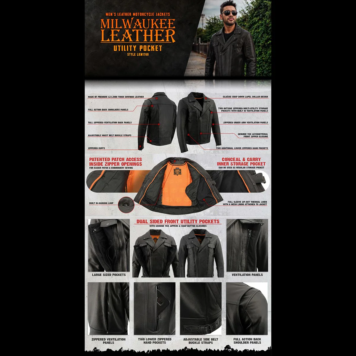 Milwaukee Leather LKM1760 Men's Black Leather Motorcycle Riders Jacket w/ Multi-Utility Pockets - Image 2
