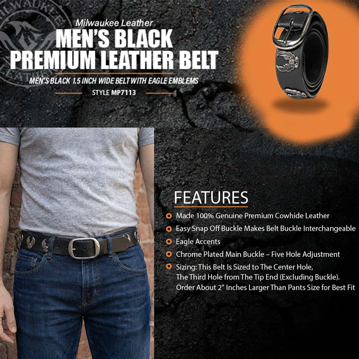 Milwaukee Leather Men's Liberty Talon Black Leather Belt with USA Eagle Emblems - 1.5 Inch Biker Belt - MP7113 - Image 4