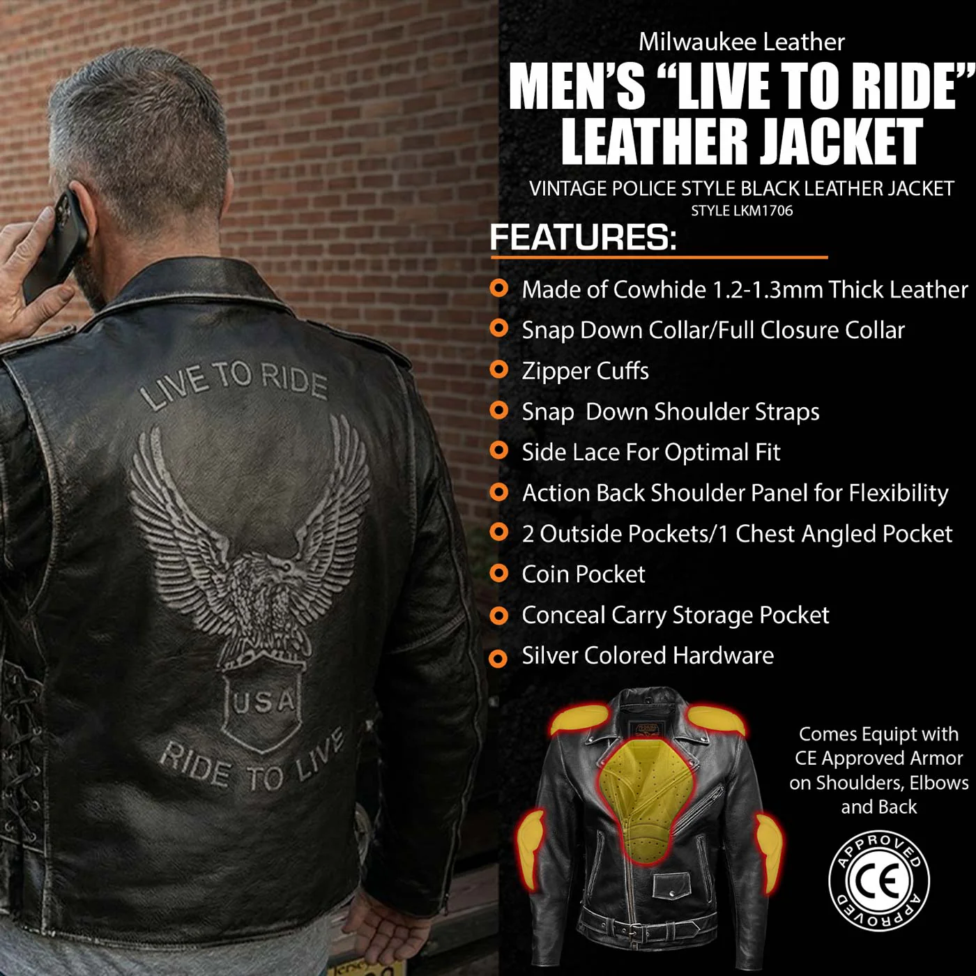 Milwaukee Leather Men's Live to Ride Classic Black Premium Leather CE Armored Motorcycle Jacket - Side Lace - LKM1706 - Image 2