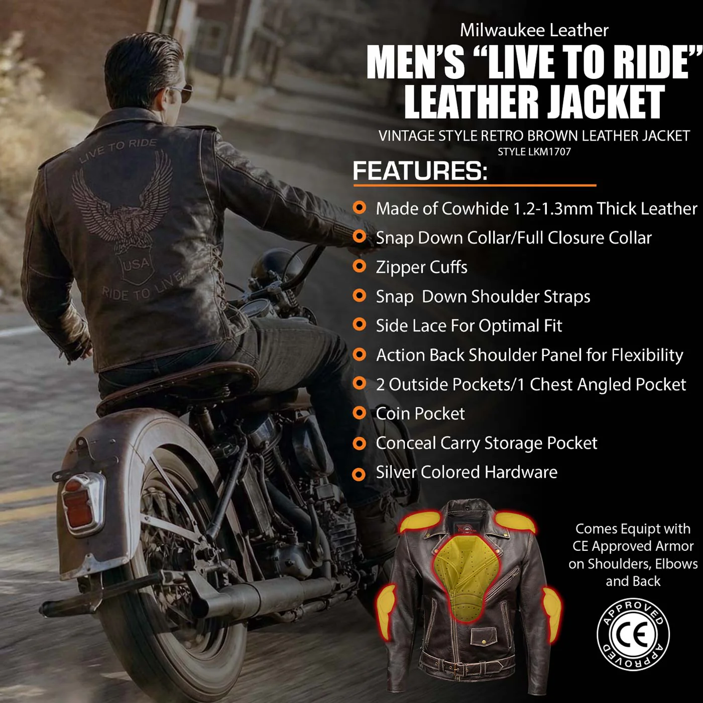 Milwaukee Leather Men's Live to Ride Classic Retro Brown Premium Leather CE Armored Motorcycle Jacket - Side Lace - LKM1707 - Image 2