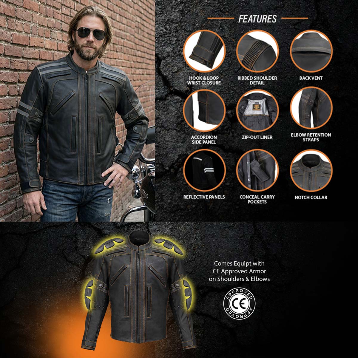 Milwaukee Leather Men's Matte Black Street CE Armored Motorcycle Vented Jacket - Reflective - LKM17012 - Image 4