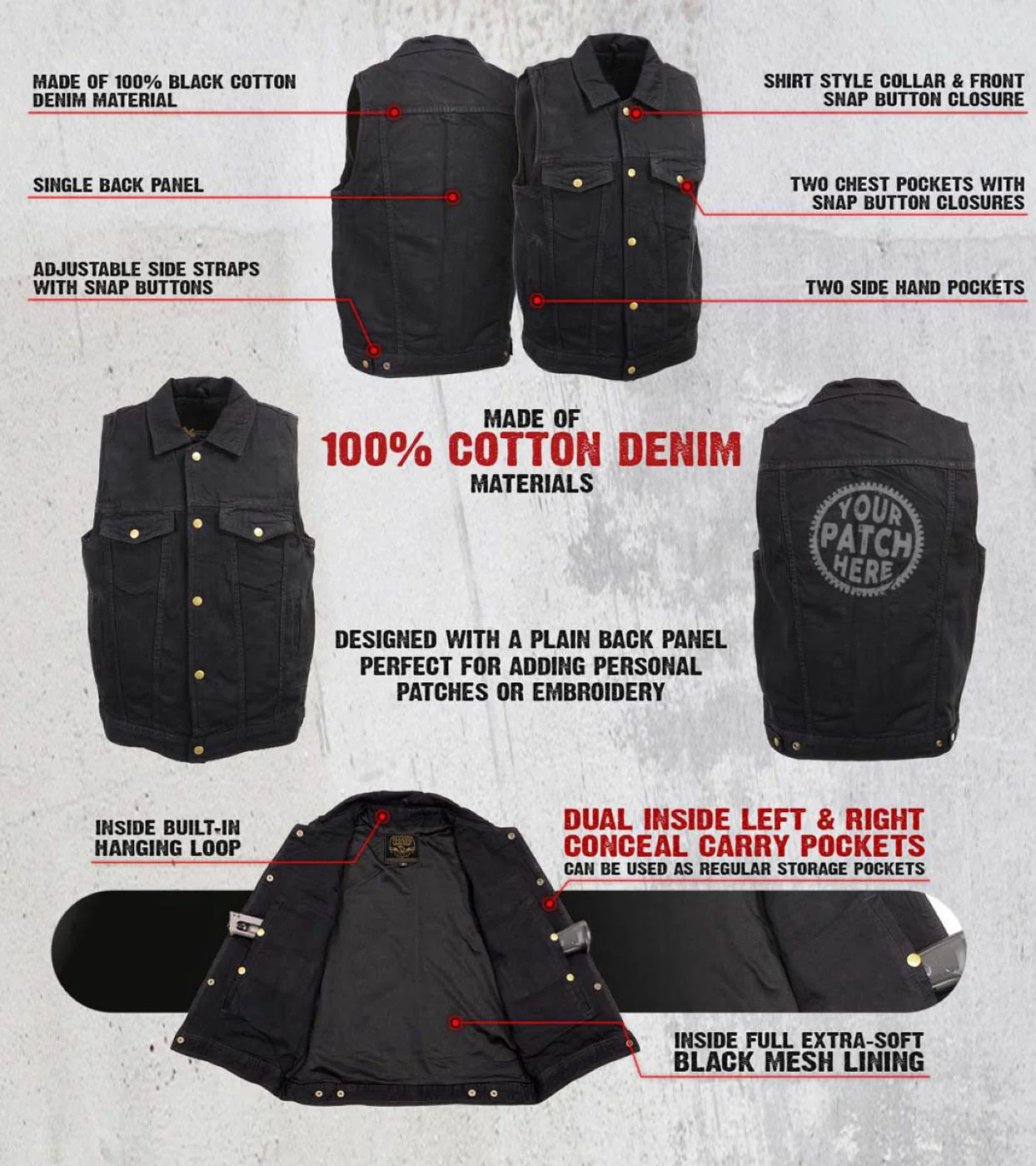 Milwaukee Leather Men's Outrider Black Denim Motorcycle Rider Vest with Shirt Collar - MDM3081 - Image 2