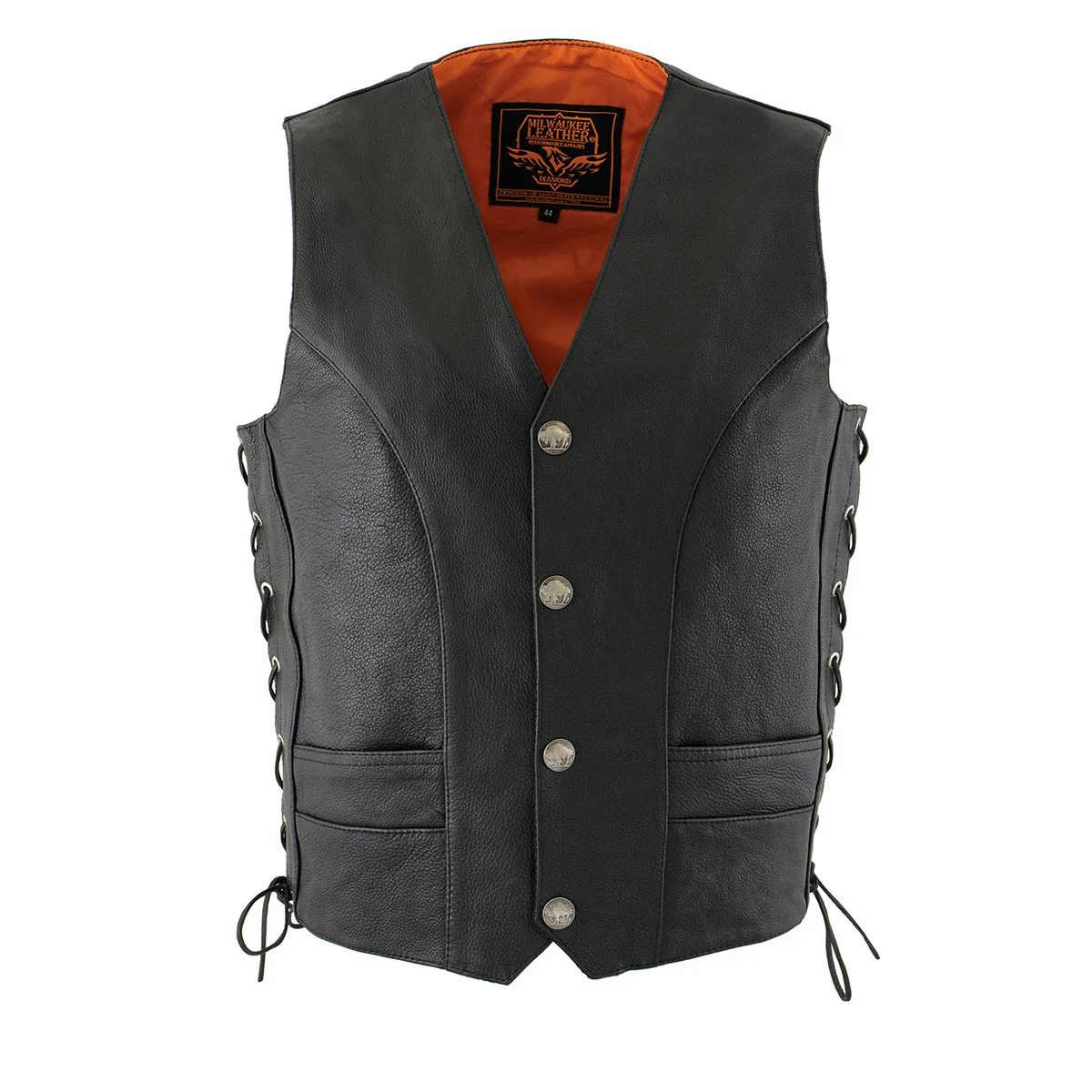 Milwaukee Leather ML1369 Men's Black Premium Leather Side Lace Motorcycle Rider Vest w/ Buffalo Nickel Snaps Closure - Image 6