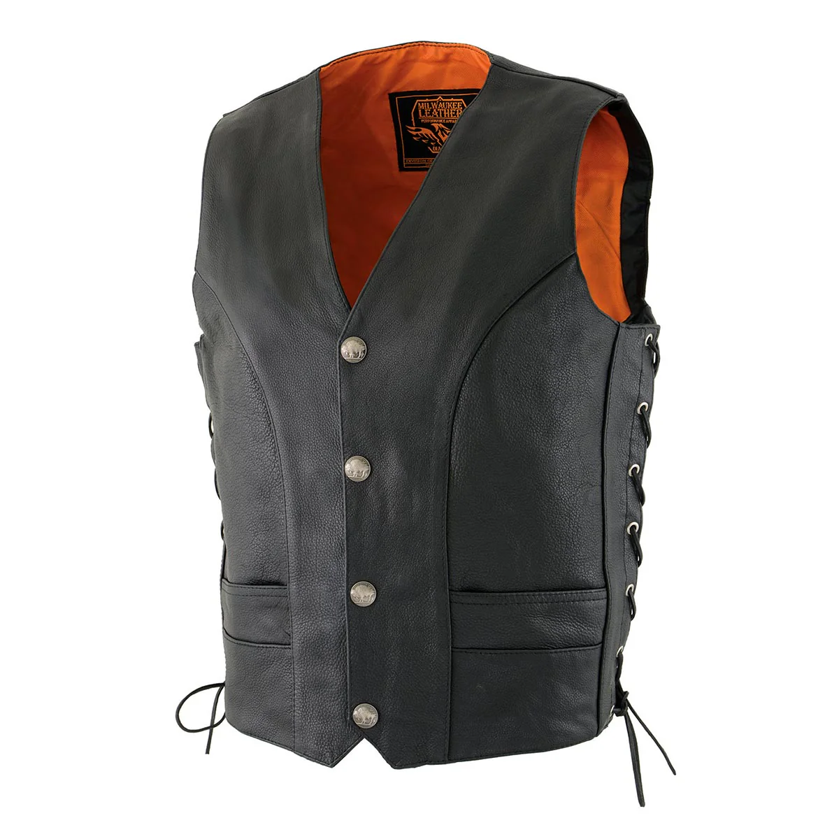 Milwaukee Leather ML1369 Men's Black Premium Leather Side Lace Motorcycle Rider Vest w/ Buffalo Nickel Snaps Closure - Image 9