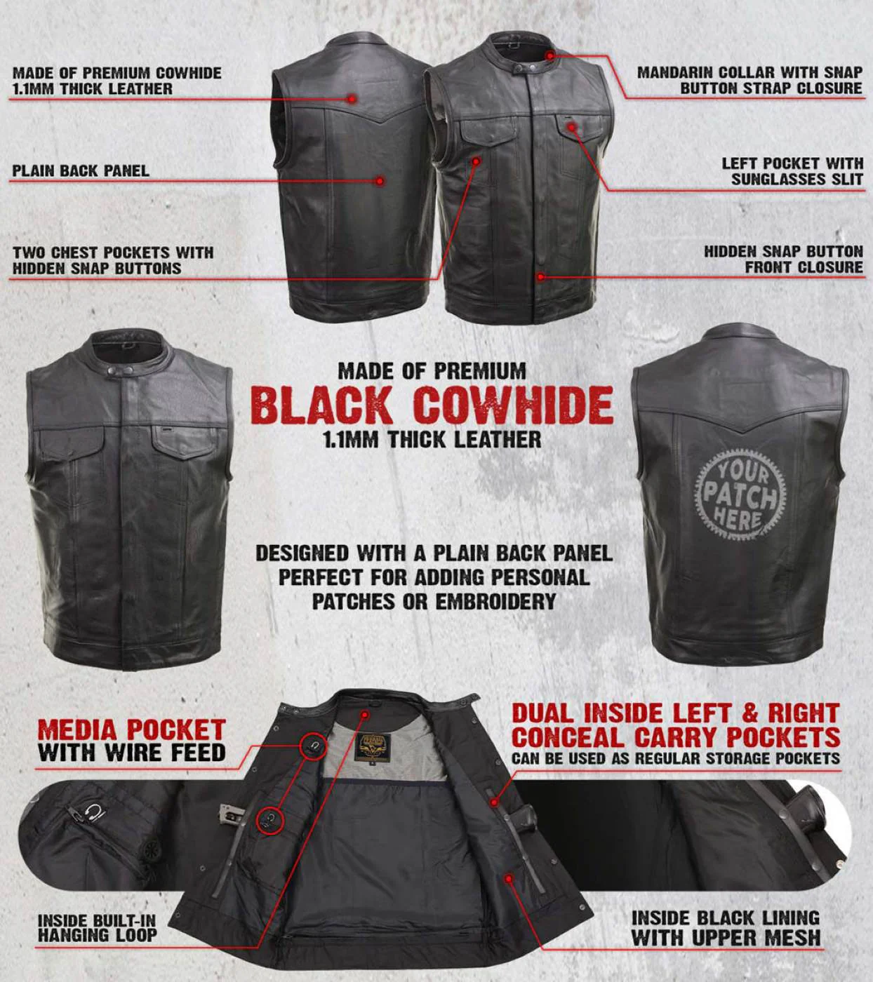 Milwaukee Leather Men's Quick Draw Black Cowhide Leather Motorcycle Vest - LKM3794 - Image 2