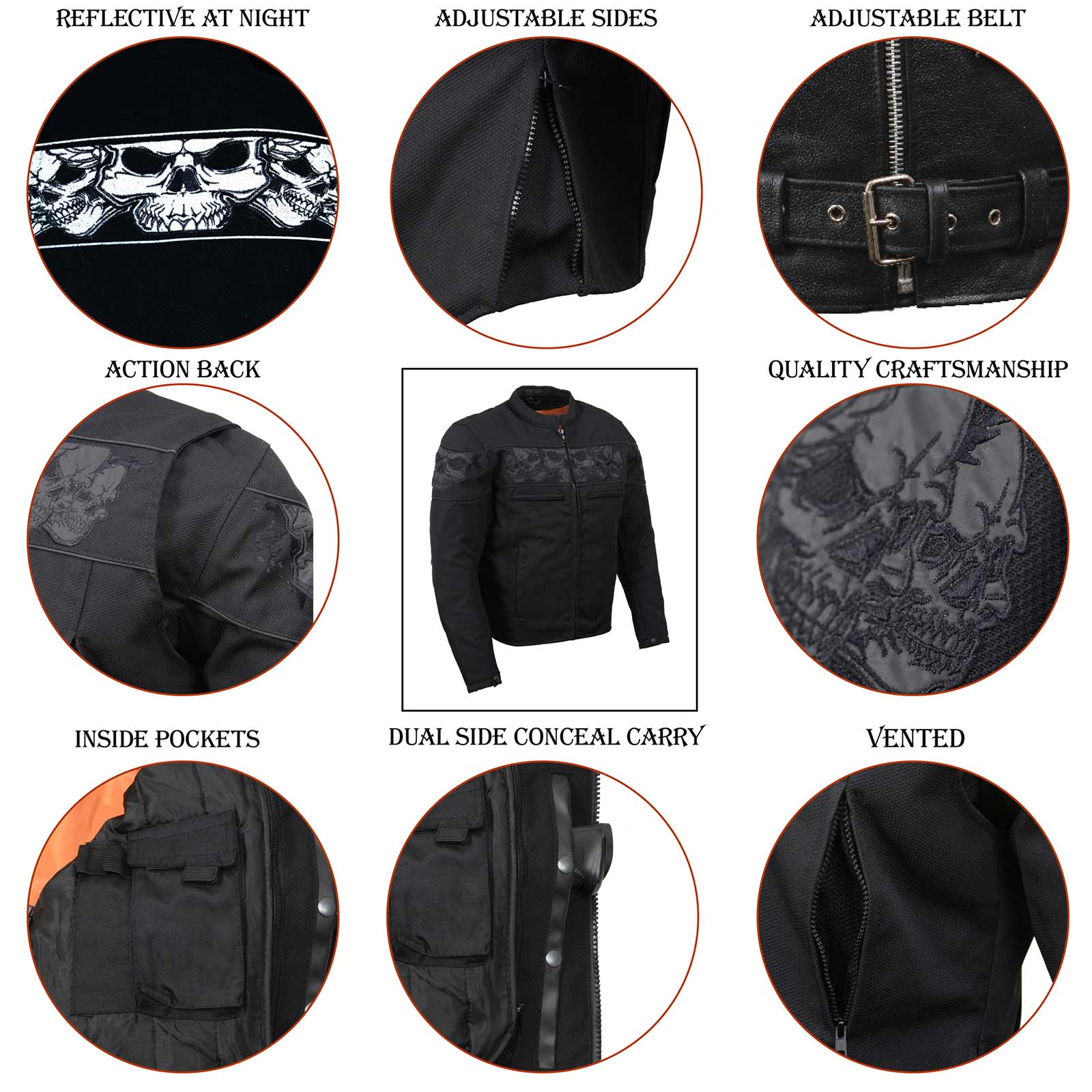 Milwaukee Leather MPM1730 Men's Black Padded Textile All Season Motorcycle Jacket w/ Reflective Skulls Artwork - Image 5