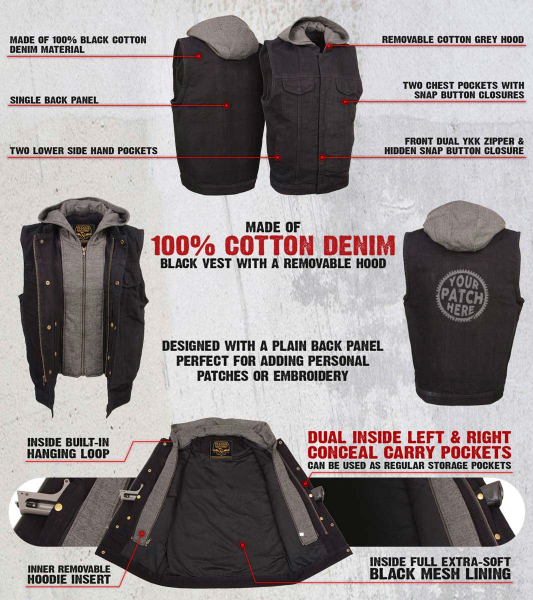Milwaukee Leather Men's Rustic Black Denim Motorcycle Riding Vest with Removable Hoodie - MDM3082 - Image 2