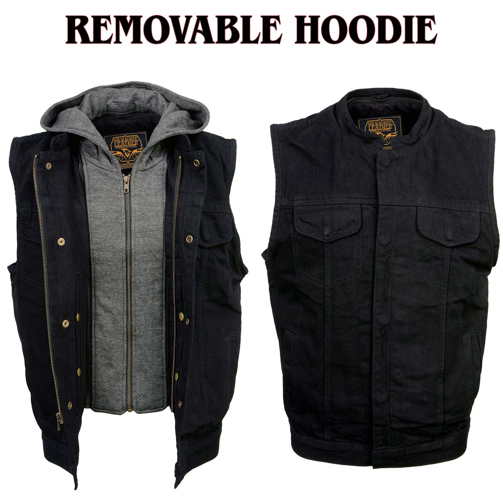 Milwaukee Leather Men's Rustic Black Denim Motorcycle Riding Vest with Removable Hoodie - MDM3082 - Image 4