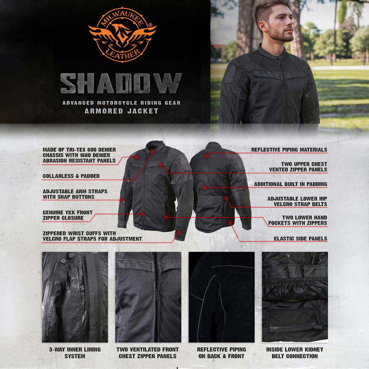 Milwaukee Leather Men's Shadow Black Textile Motorcycle Jacket w/ CE Armor - MPM17030 - Image 2
