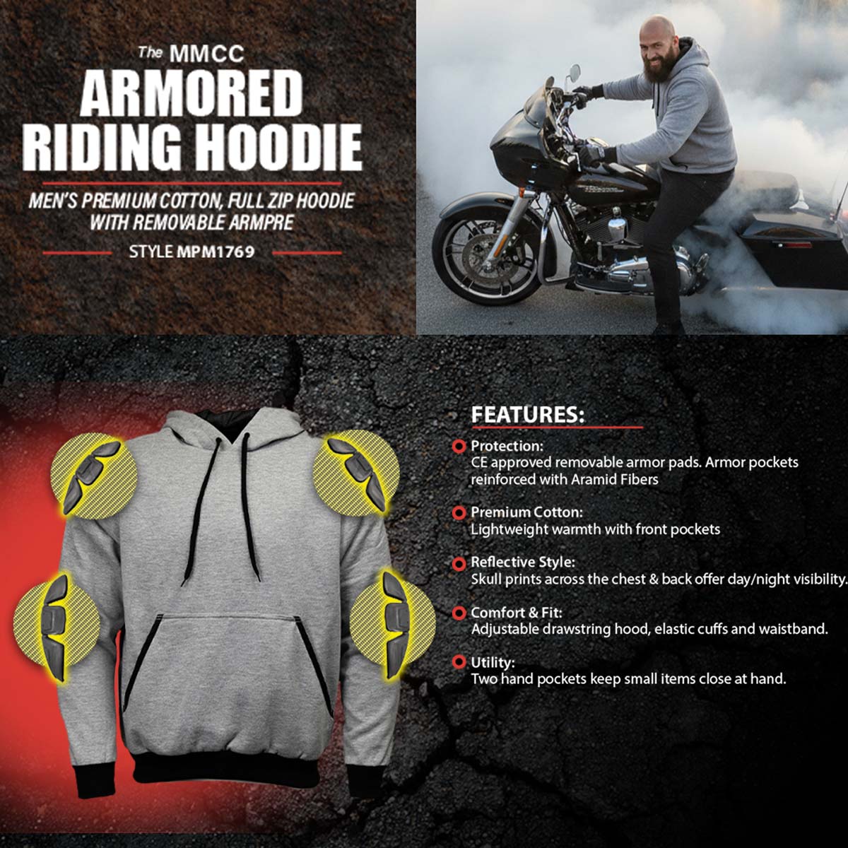 Milwaukee Leather Men's Streetguard Black CE Armored Riding Hoodie, Shoulder and Elbow Armor - MPM1769 - Image 2