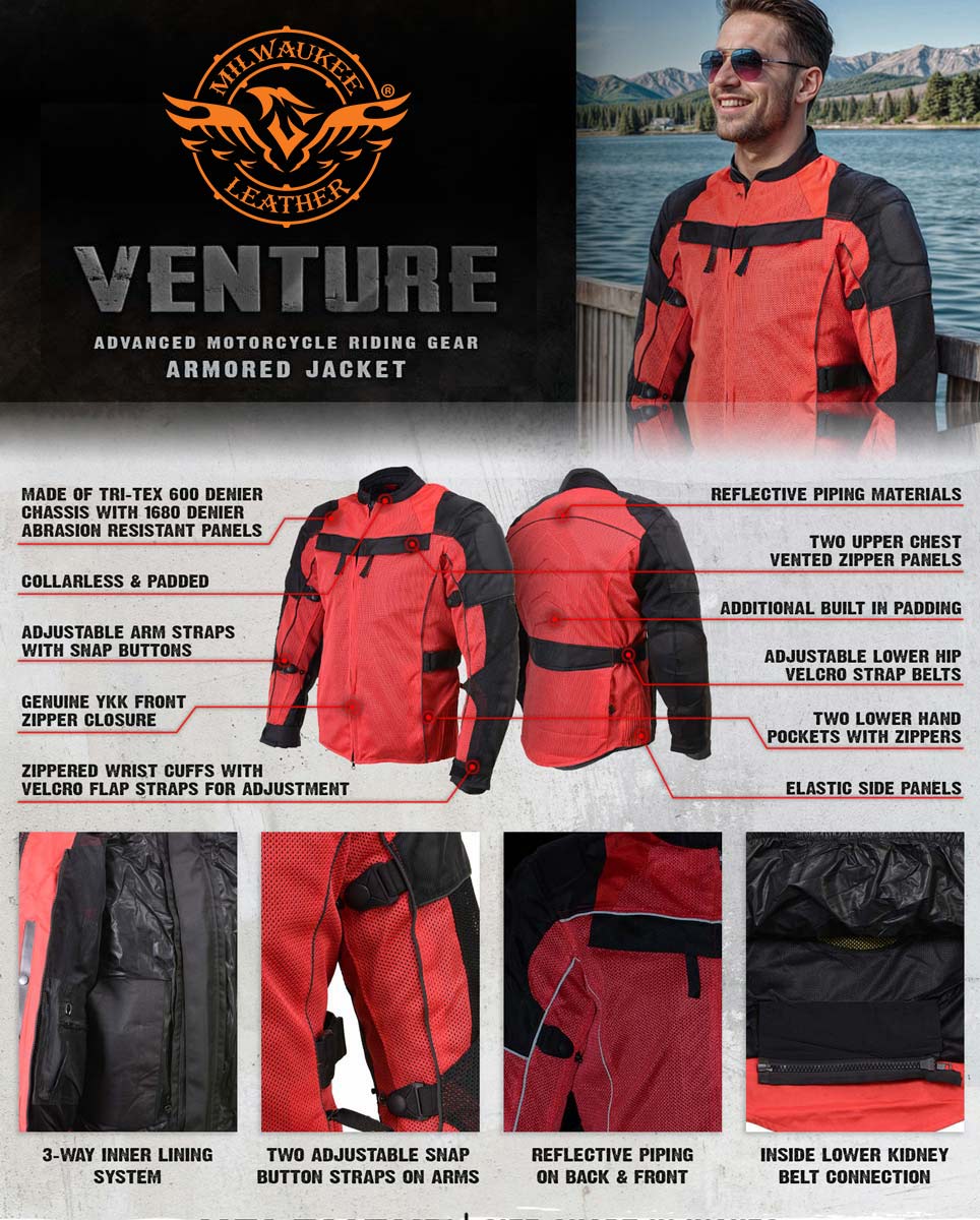 Milwaukee Leather Men's Venture Black/Red Textile Motorcycle Jacket w/ CE Armor - MPM17031 - Image 2