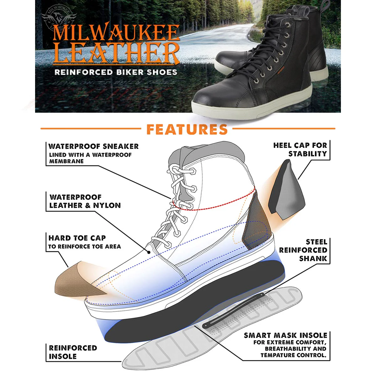 Milwaukee Leather MBM9004WP Men's Waterproof Black Leather Motorcycle Reinforced Street Riding Shoes w/Ankle Support - Image 2