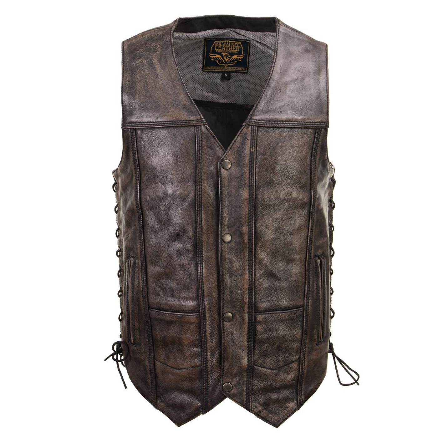 Milwaukee Leather Men's Wreck Distressed Brown Leather Motorcycle Vest - LKM3795 - Image 10