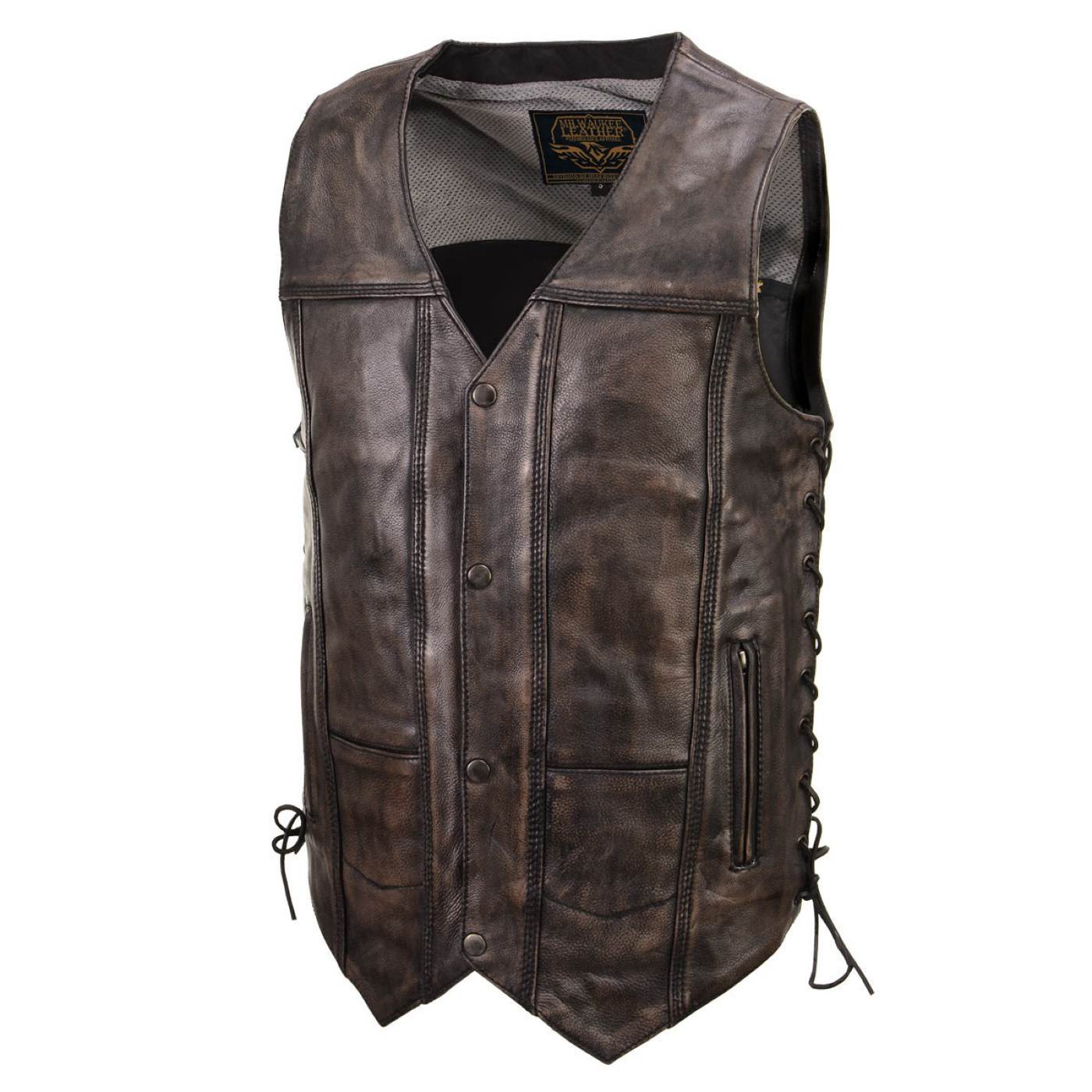 Milwaukee Leather Men's Wreck Distressed Brown Leather Motorcycle Vest - LKM3795 - Image 7