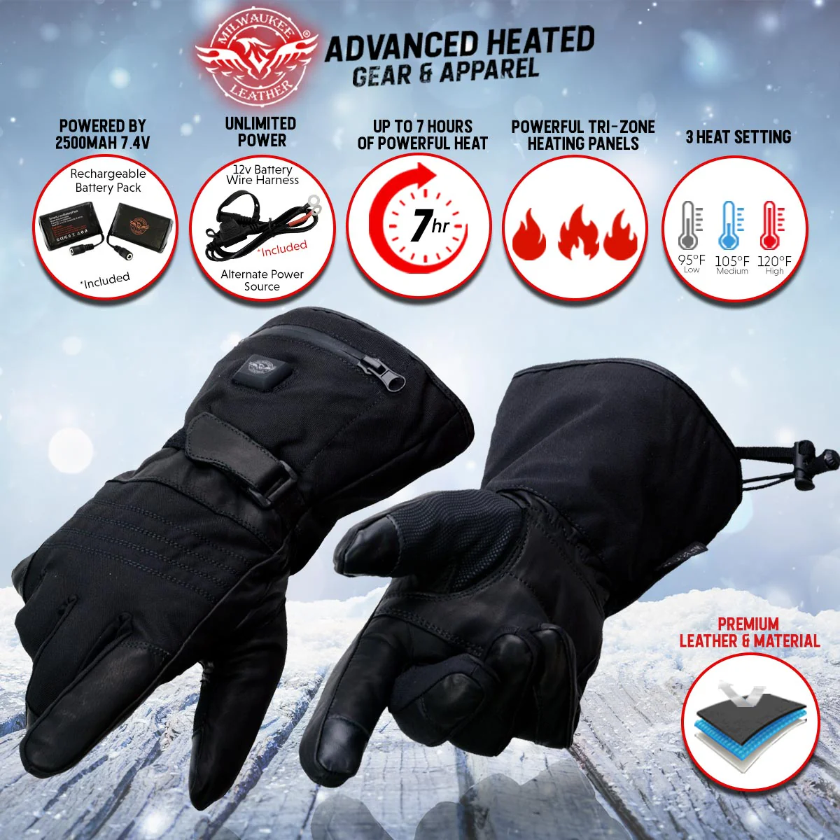 Milwaukee Leather MG17501SET Men’s Heated Black Leather/Textile Winter Gloves /Harness Wire and i-Touch - Image 2