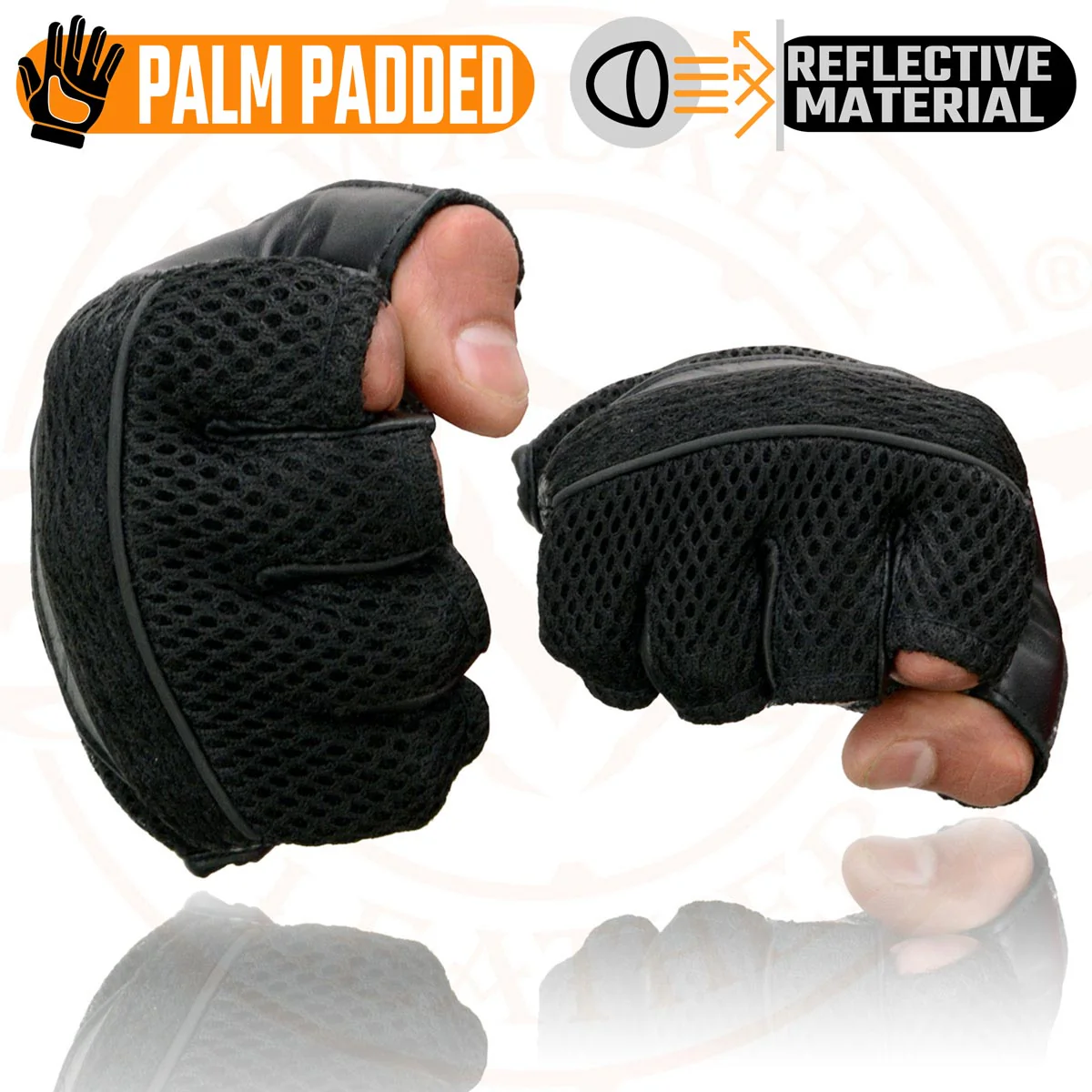 Milwaukee Leather MG7504 Men's Black Perforated Mesh Gel Palm Fingerless Motorcycle Hand Gloves W/ ‘Reflective Piping’ - Image 2