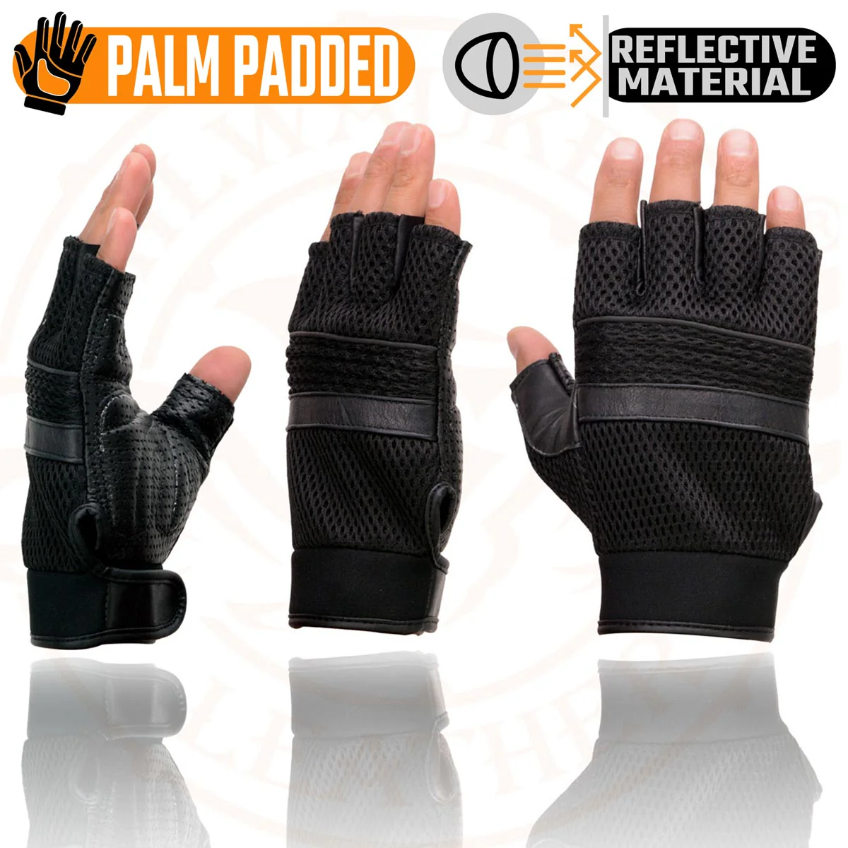 Milwaukee Leather MG7504 Men's Black Perforated Mesh Gel Palm Fingerless Motorcycle Hand Gloves W/ ‘Reflective Piping’ - Image 4