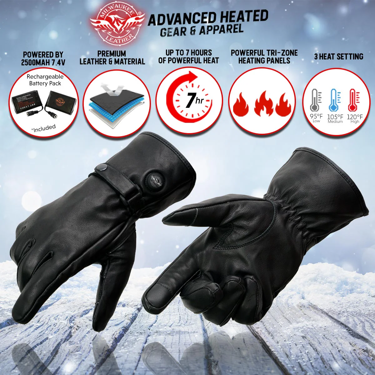 Milwaukee Leather MG7519SET Men’s Black Leather Heated Winter Gloves for Motorcycle Ski Hiking & i-Touch - Image 2