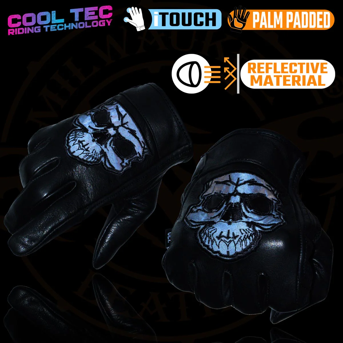 Milwaukee Leather MG7571 Men's Black ‘Col-Tec’ Leather ‘Reflective Skull’ Motorcycle Hand Gloves W/ Gel Padded Palm - Image 4