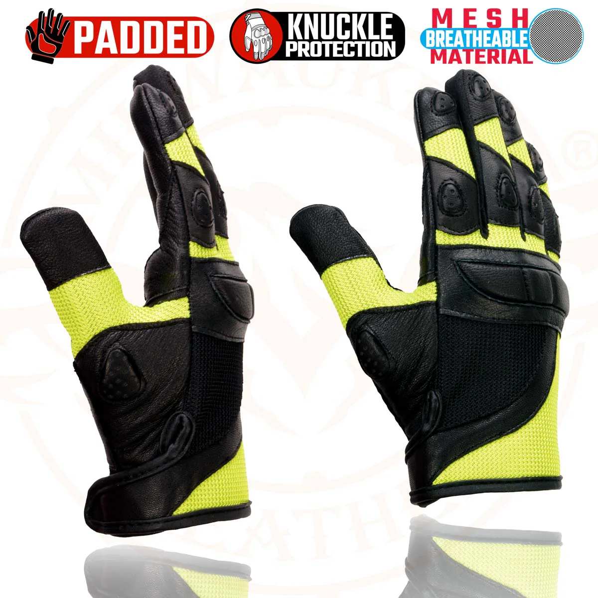 Milwaukee Leather MG7740 Women's Padded Black Leather and Neon Green Mesh Racing Motorcycle Rider Gloves - Image 2