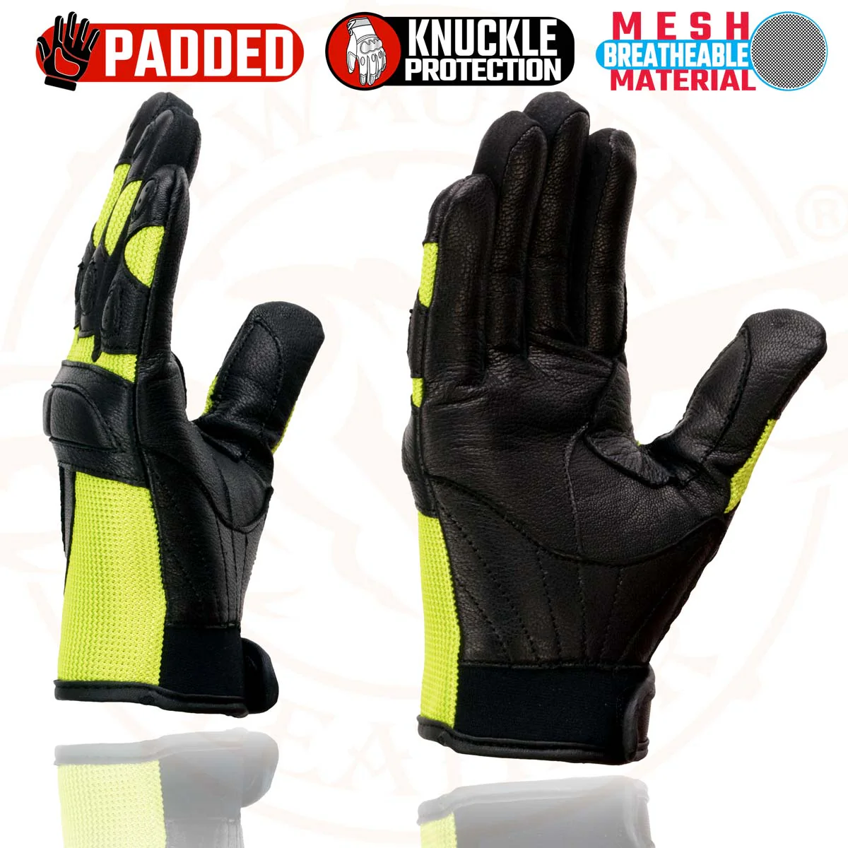Milwaukee Leather MG7740 Women's Padded Black Leather and Neon Green Mesh Racing Motorcycle Rider Gloves - Image 5