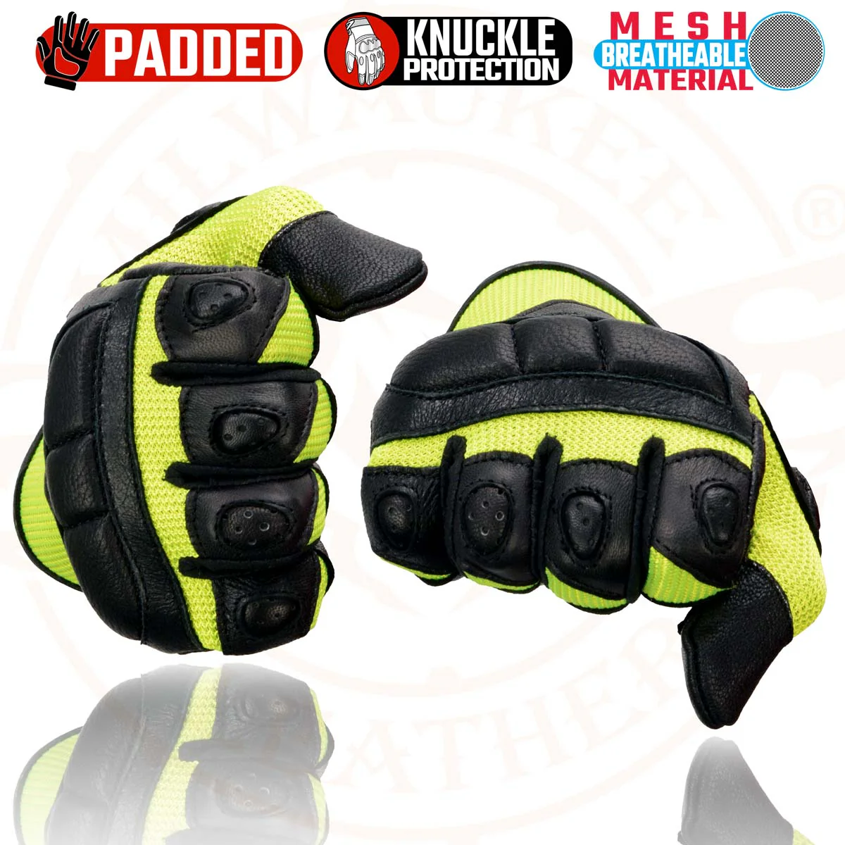 Milwaukee Leather MG7740 Women's Padded Black Leather and Neon Green Mesh Racing Motorcycle Rider Gloves - Image 7