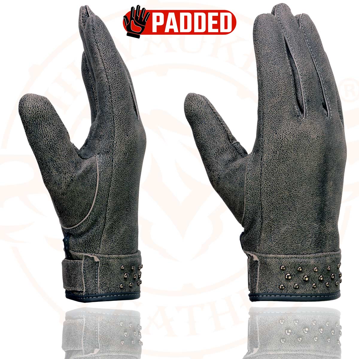Milwaukee Leather MG7760 Women's Distressed Grey Leather Gel Palm Motorcycle Hand Gloves W/ Stylish ‘Wrist Detailing’ - Image 2