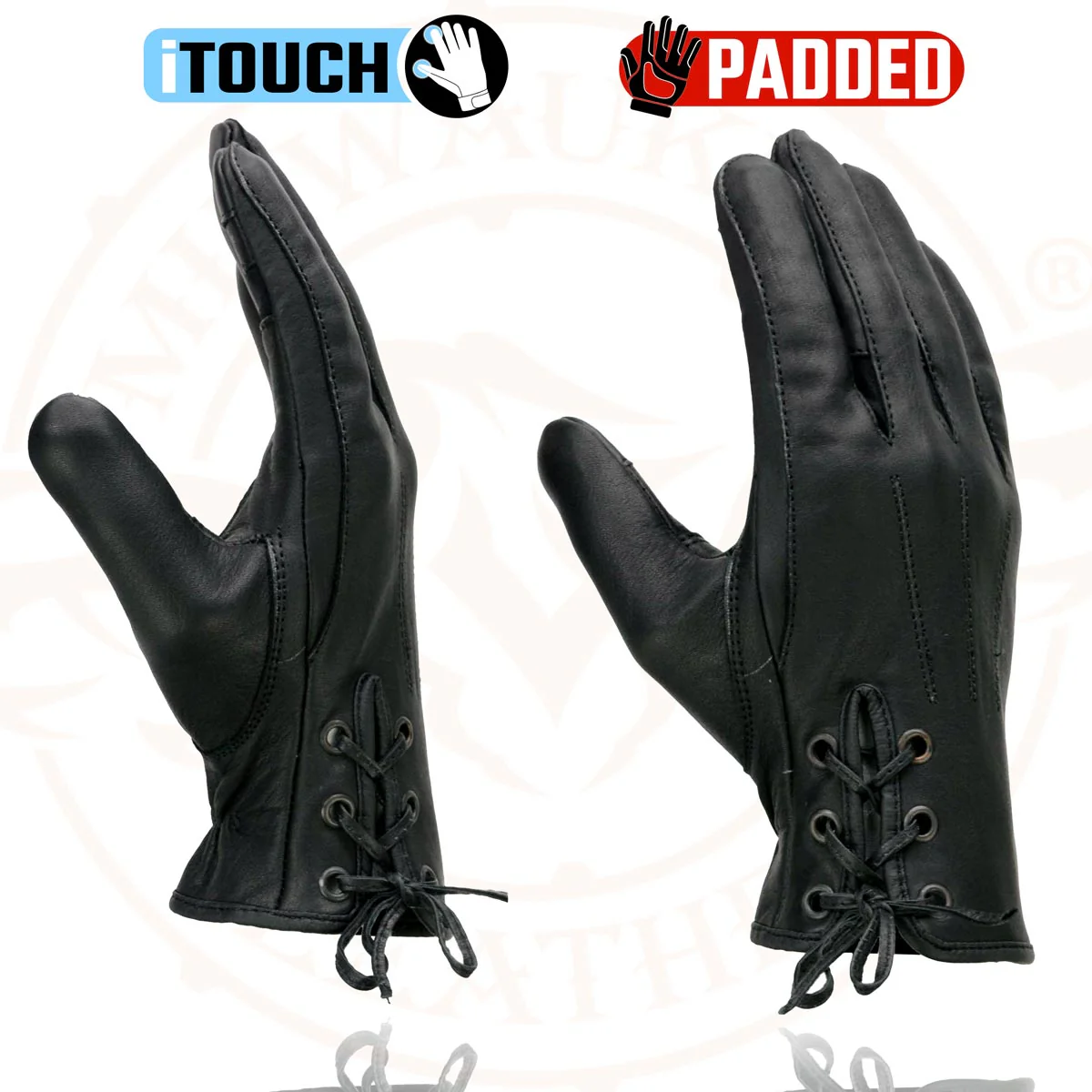 Milwaukee Leather MG7770 Women's Black Leather ’I - Touchscreen Compatible’ Laced Wrist Motorcycle Hand Gloves W/ Gel Palm - Image 5