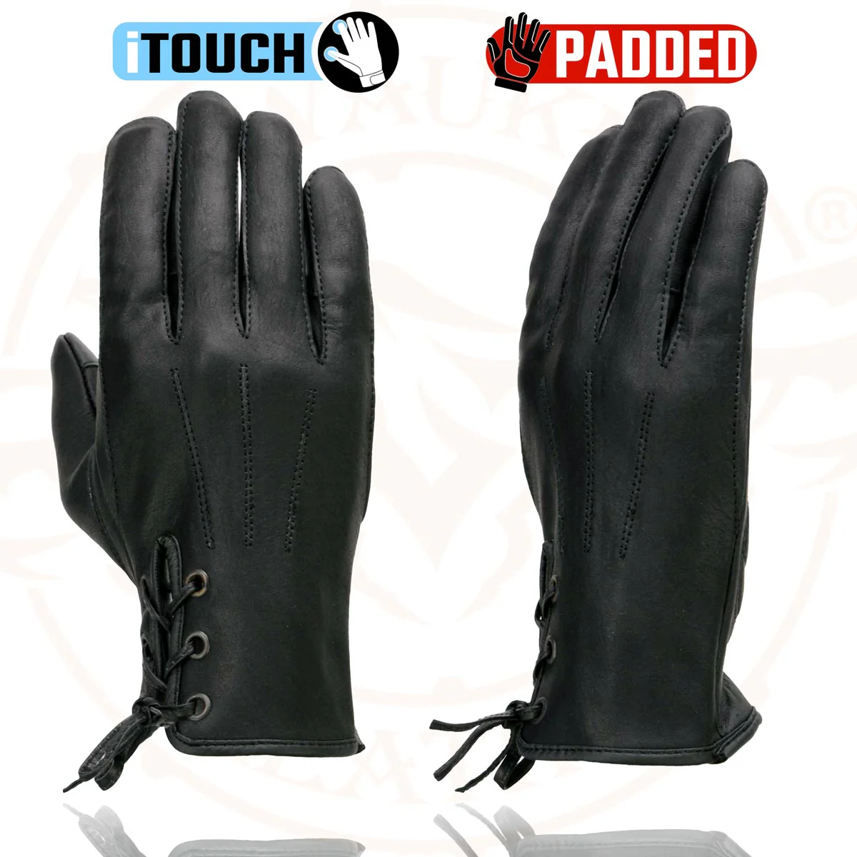Milwaukee Leather MG7770 Women's Black Leather ’I - Touchscreen Compatible’ Laced Wrist Motorcycle Hand Gloves W/ Gel Palm - Image 6