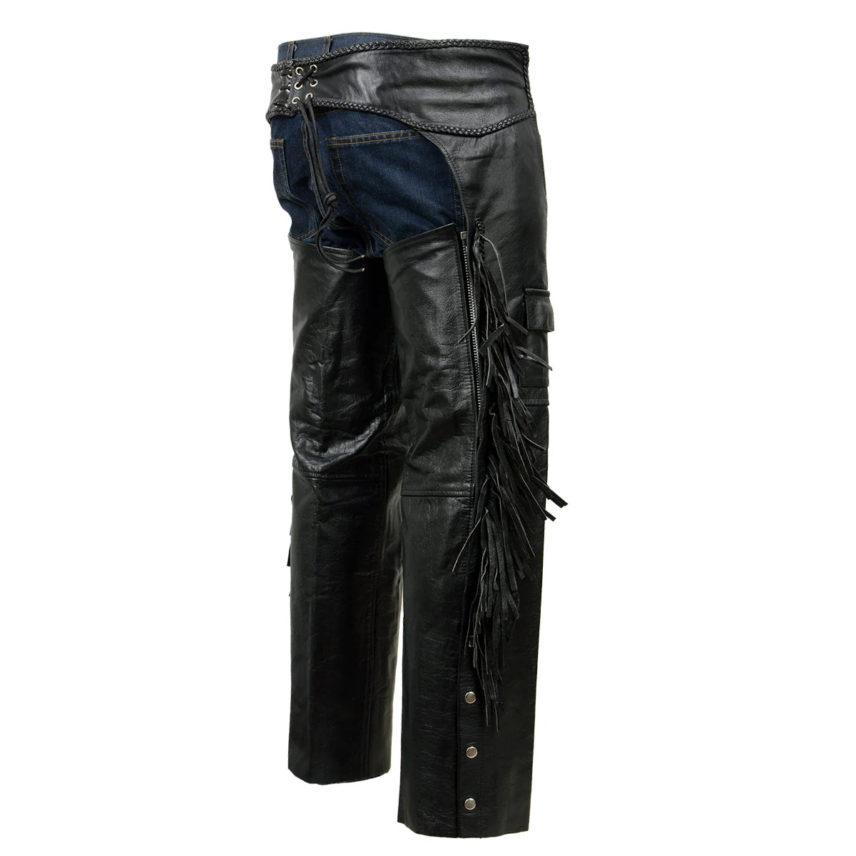 Milwaukee Leather ML1121N Men's Black Classic 'Braided' Fringed Motorcycle Leather Chaps - Image 3