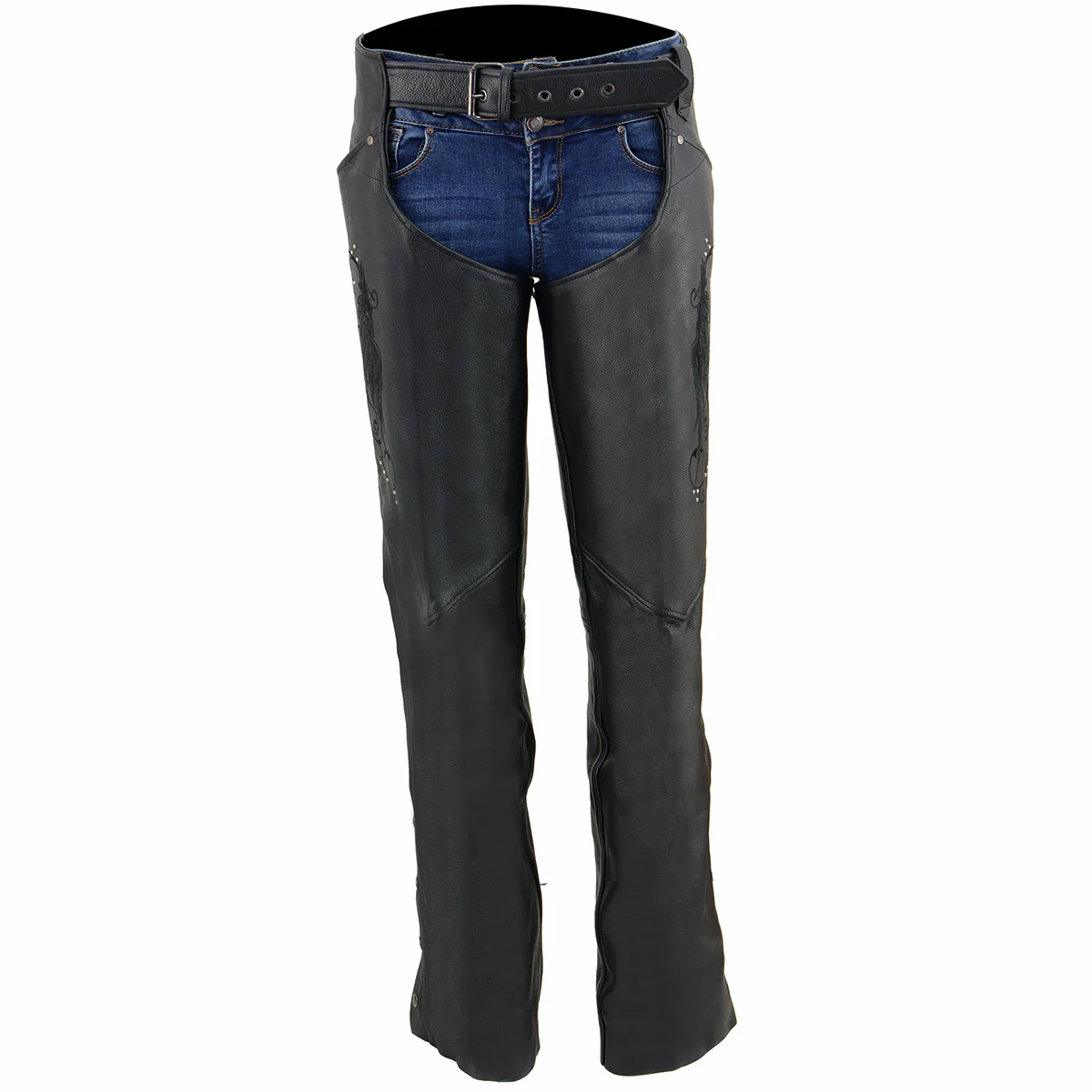 Milwaukee Leather Women's Classic Black Premium Leather Motorcycle Chaps w/ Black Wing Embroidery-ML1179 - Image 5
