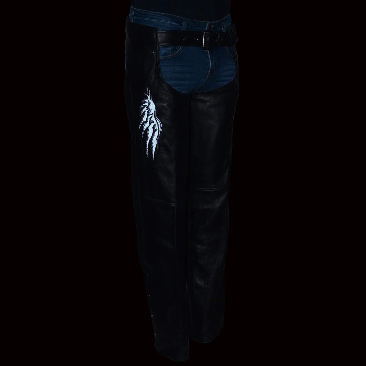 Milwaukee Leather ML1180 Women's Black Leather Chaps with Reflective Wing Detail - Image 3