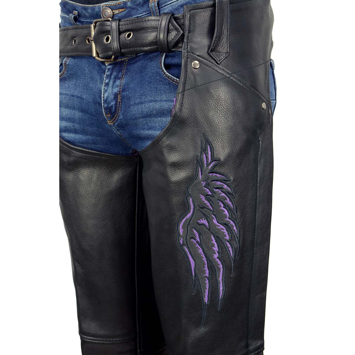 Milwaukee Leather ML1180 Women's Black Leather Chaps with Reflective Wing Detail - Image 5