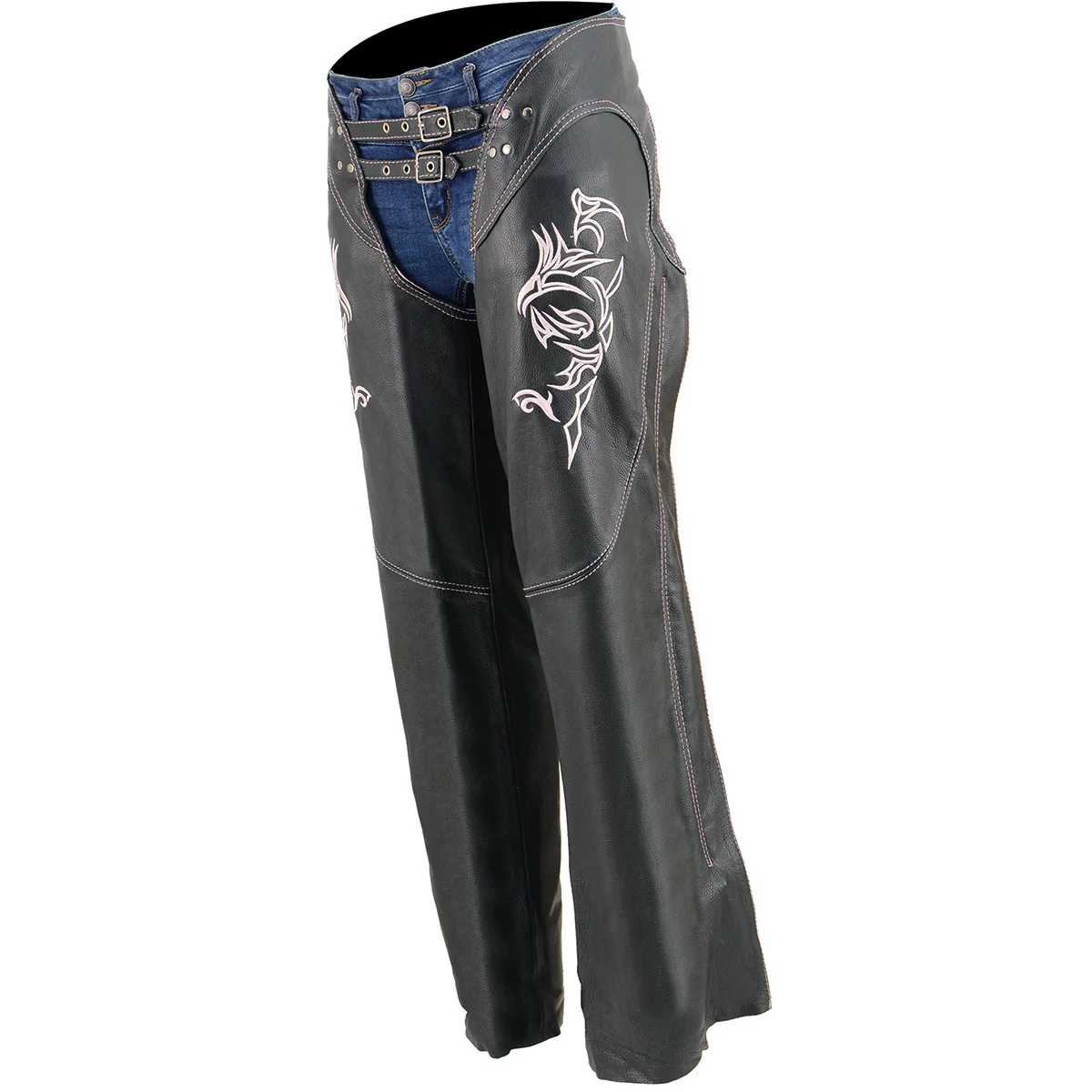 Milwaukee Leather Chaps for Women Black and Pink Low-Rise Waist- Double Buckle Reflective Embroidery Motorcycle Chap- ML1187 - Image 7