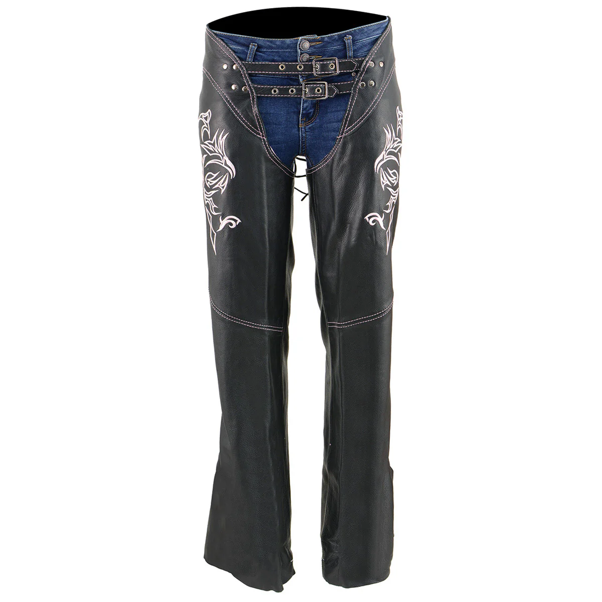 Milwaukee Leather Chaps for Women Black and Pink Low-Rise Waist- Double Buckle Reflective Embroidery Motorcycle Chap- ML1187 - Image 8