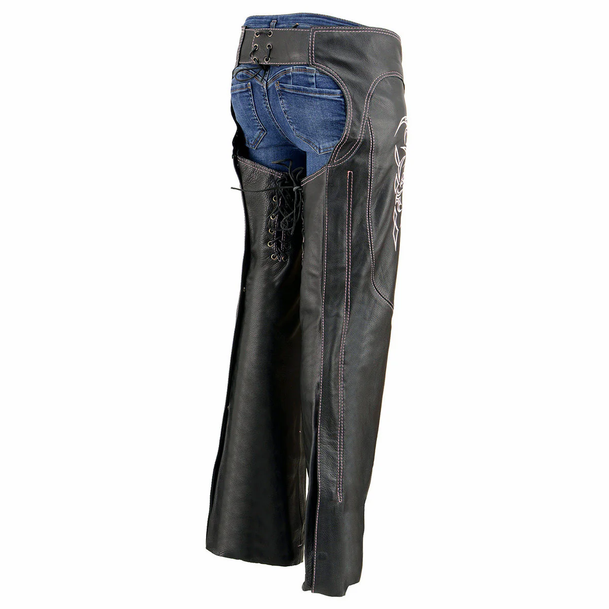 Milwaukee Leather Chaps for Women Black and Pink Low-Rise Waist- Double Buckle Reflective Embroidery Motorcycle Chap- ML1187 - Image 9