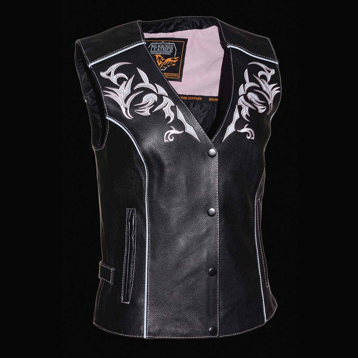 Milwaukee Leather Women's Black and Pink Leather Tribal Side Lace Motorcycle Rider Vest- w/ Reflective Piping ML1296 - Image 4