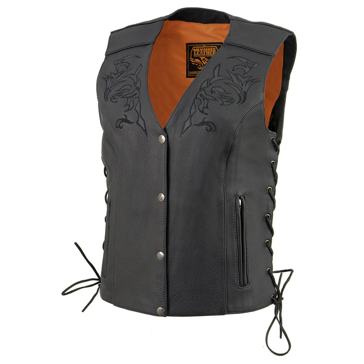 Milwaukee Leather ML1296 Women's Black Leather Side Laced Motorcycle Vest w/ Reflective Tribal - Image 11